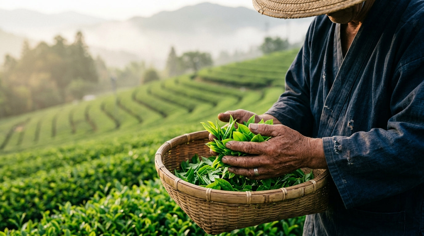 A Japanese tea farmer cradles fresh tencha leaves in a bamboo basket, Uji-style tea fields in the background at golden morning light