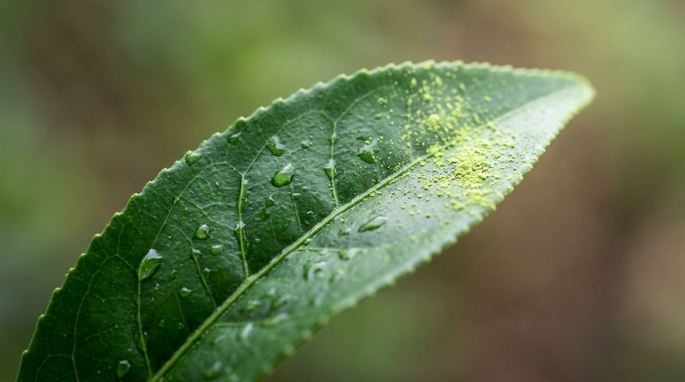 Fresh Japanese green tea leaf with dewdrops and a dusting of jade matcha powder