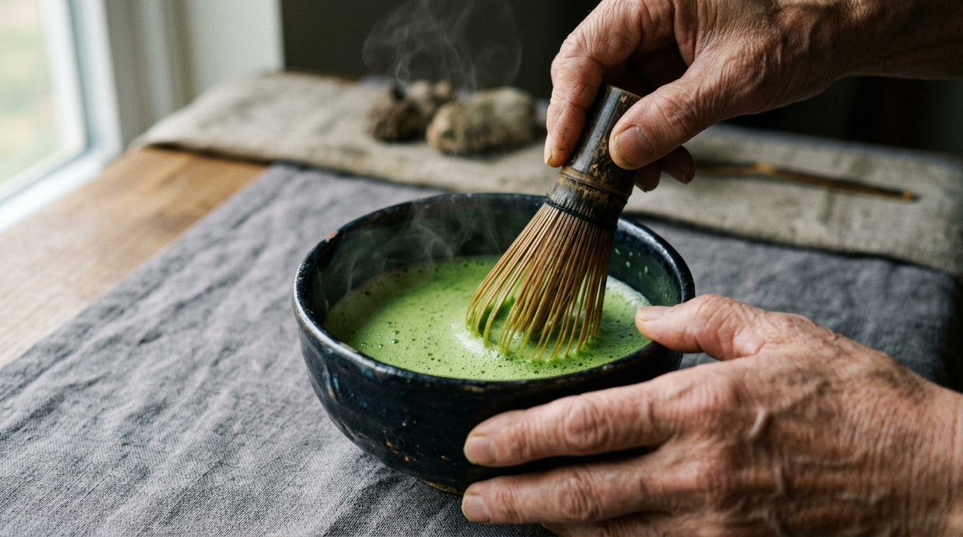 Bright neon-green ceremonial matcha being whisked into thin foam in a dark ceramic chawan with bamboo chasen, weathered hands holding the whisk β illustrating the ritual of authentic Japanese ceremonial matcha preparation