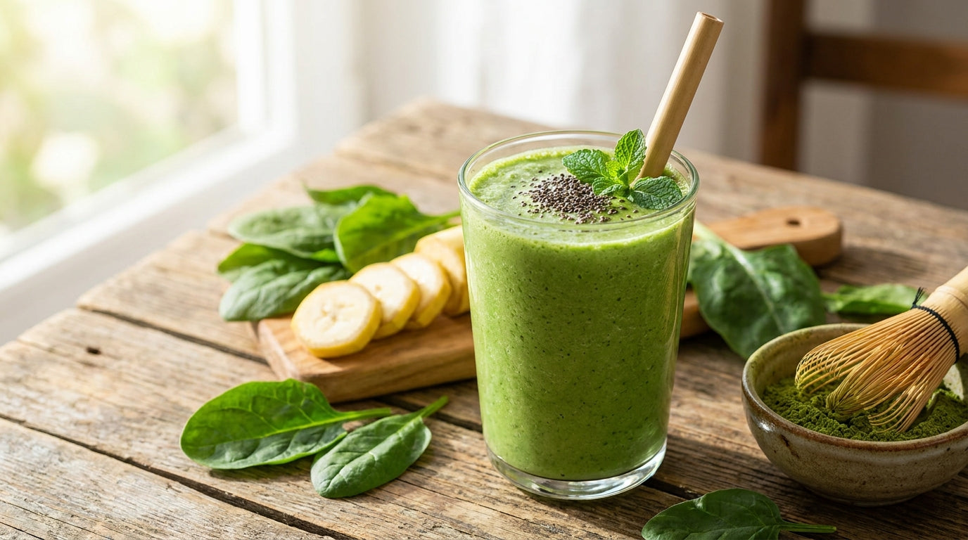 Bright green matcha smoothie in glass with bamboo straw, spinach, banana, and matcha powder