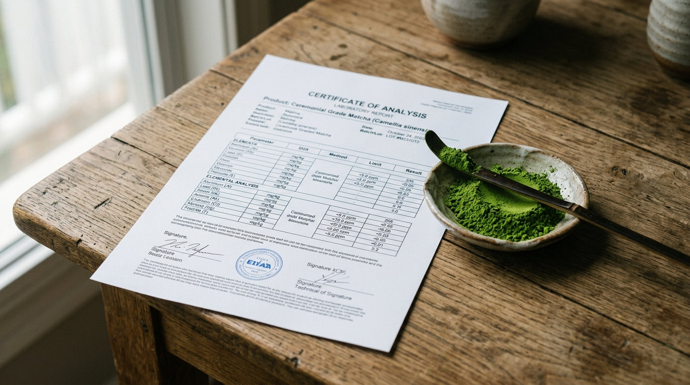 A printed Certificate of Analysis lab report on a wooden tea-house table with visible tabular elemental data, beside a small ceramic dish of vivid jade-green ceremonial matcha and a wooden chashaku scoop, in soft natural window light