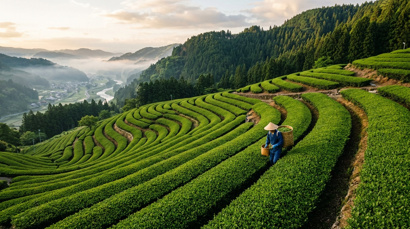 Aerial view of curved emerald green Japanese tea fields at golden hour with a farmer walking the rows — Japan FY2025 tea export surge