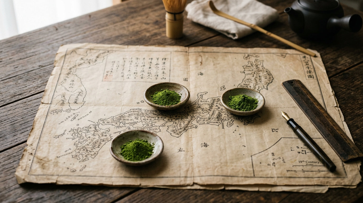 An aged vintage paper map of Japan on a wooden tea-house table with three small ceramic dishes of vivid green matcha powder placed at prefecture locations