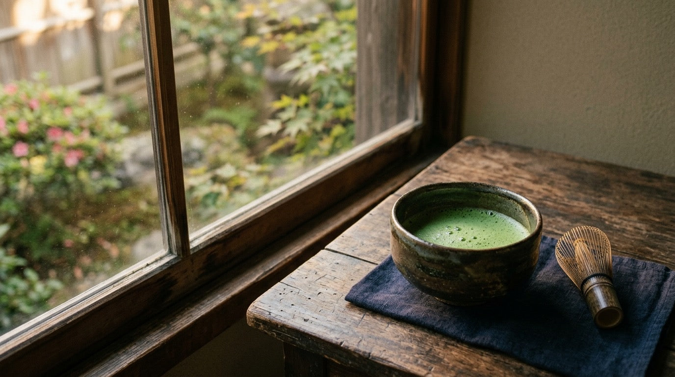 A bowl of matcha by a softly lit window in warm late-afternoon light, calm and restful.