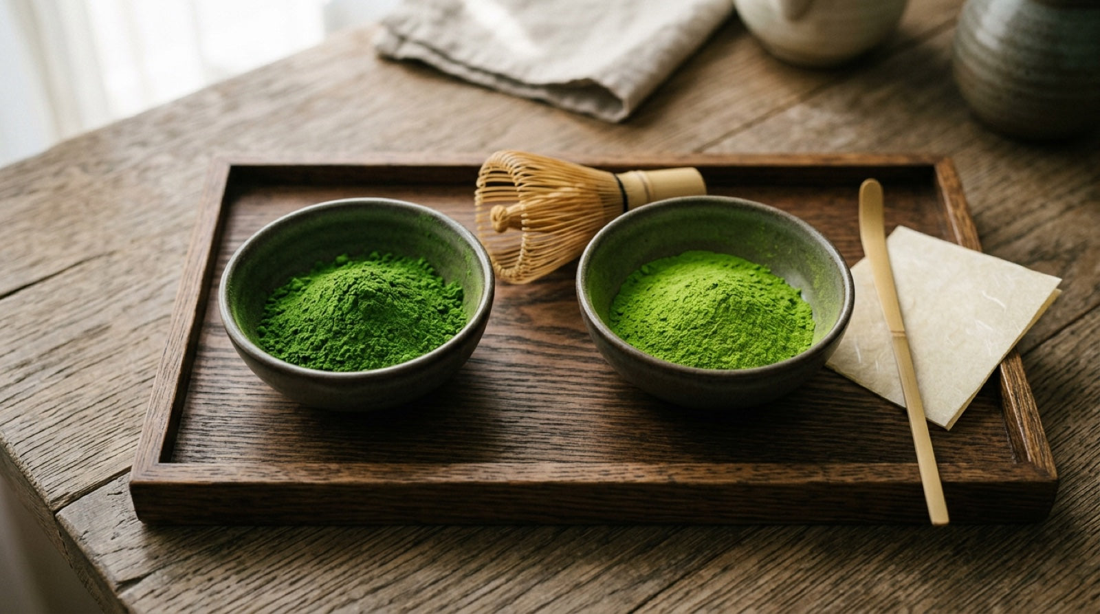 Two ceramic bowls of matcha powder side by side on a wooden tea tray with bamboo whisk and chashaku scoop, illustrating the visual contrast between authentic and adulterated matcha