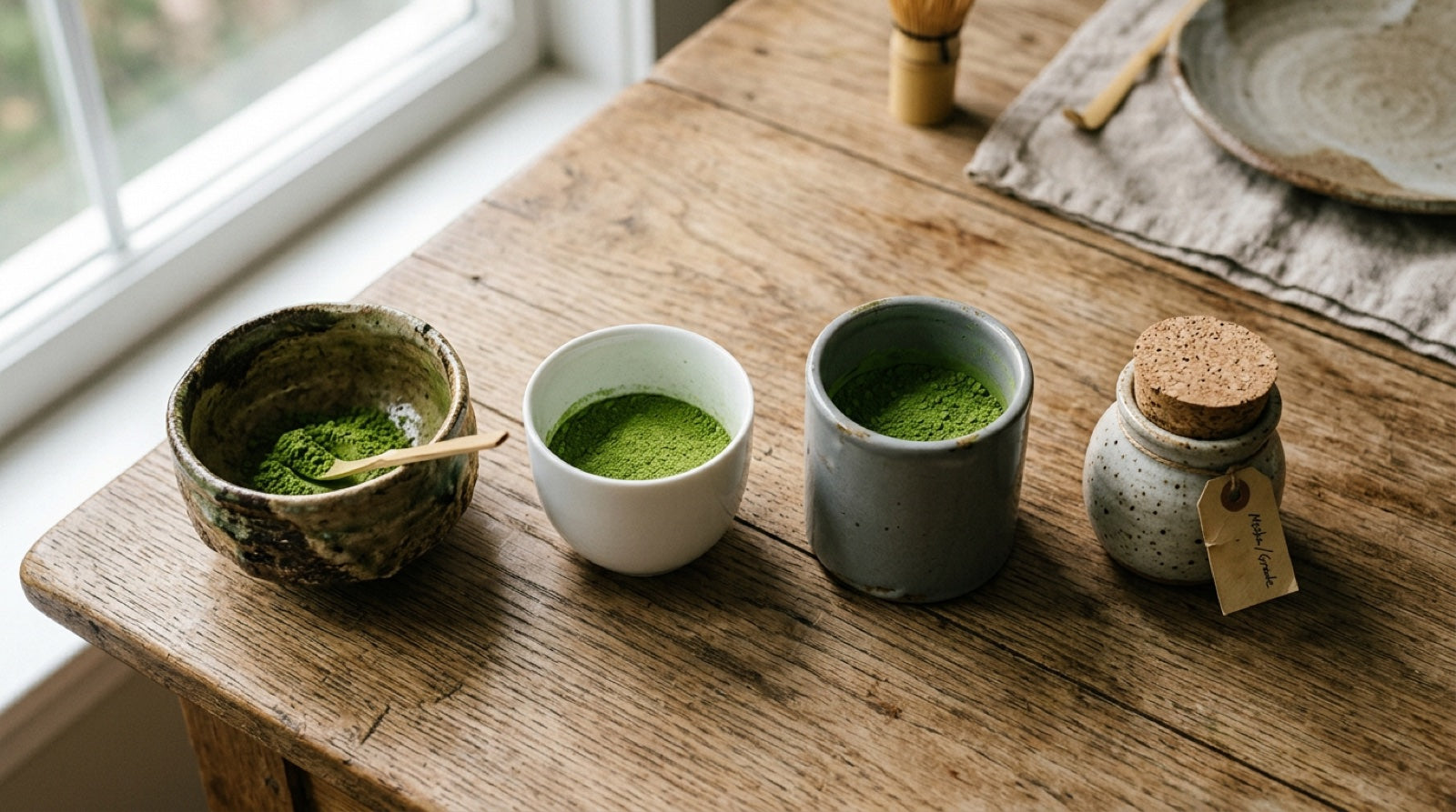 Four different ceramic vessels holding matcha powder on a wooden table, each representing a different wholesale supplier model: rustic handmade bowl, modern porcelain cup, industrial container, and a founder-led jar with handwritten tag