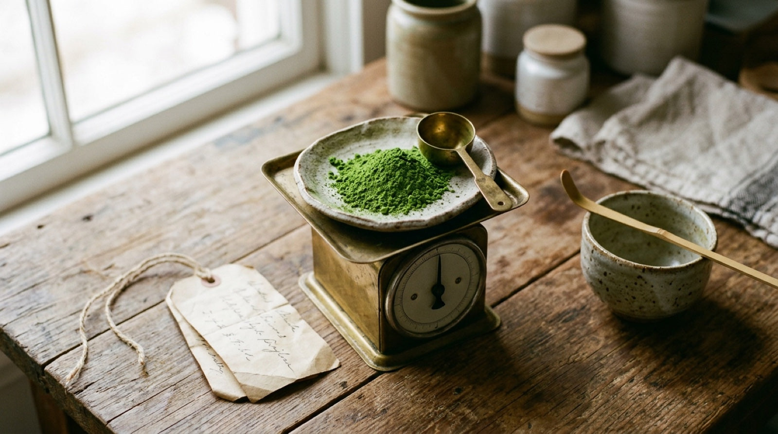 A vintage brass kitchen scale with a measured scoop of vibrant matcha powder, a handwritten paper price tag, and a ceramic bowl with bamboo chashaku on a wooden table, illustrating wholesale matcha pricing transparency for cafe operators
