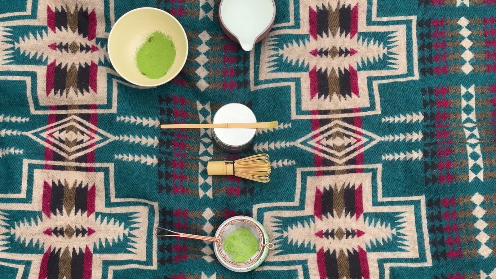Vivid green matcha powder in a bowl with a storage tin, bamboo scoop, whisk, and sifter, overhead flat-lay