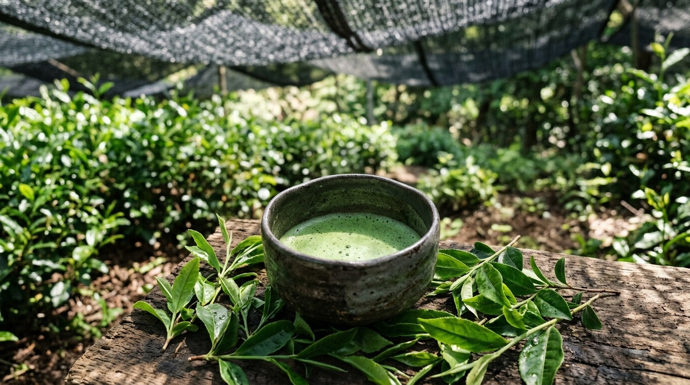 A bowl of vivid green matcha among shade-grown tea leaves under a shade cloth, illustrating how shading raises L-theanine.