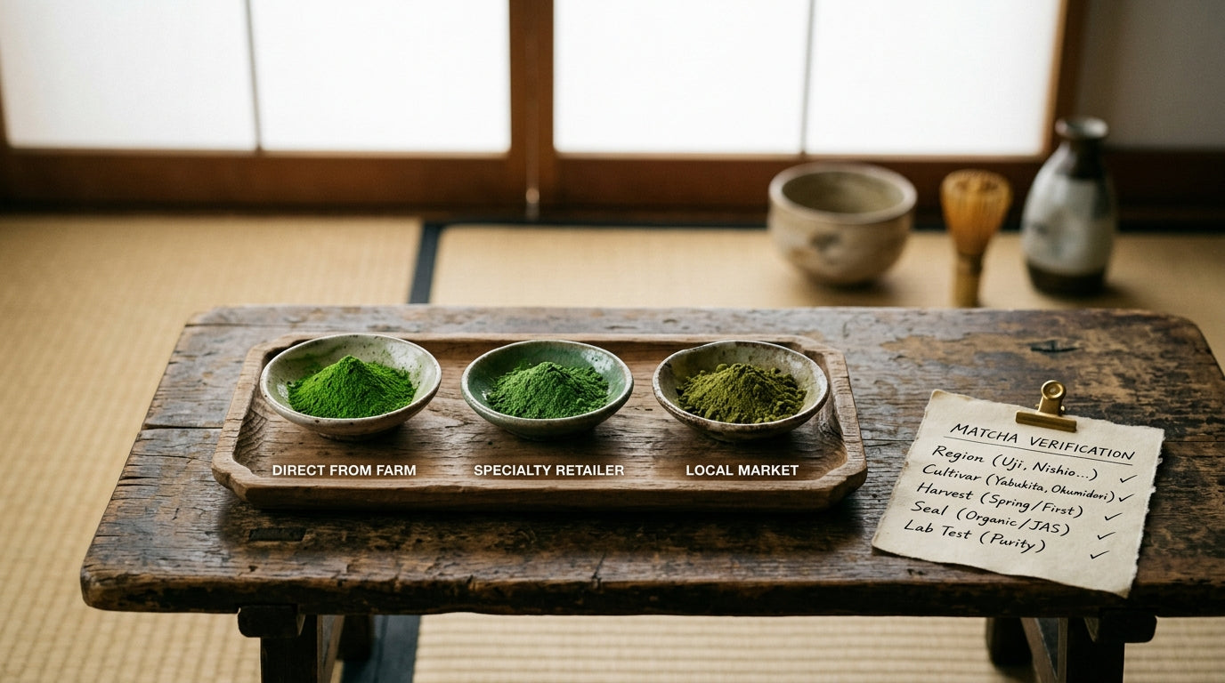 Three small ceramic dishes of matcha in subtly different shades of green on a wooden tray, beside a handwritten verification checklist showing region, cultivar, harvest, seal, lab test