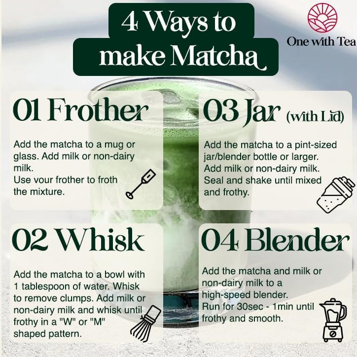 4 methods to prepare USDA Organic Latte Grade Matcha Powder from ONE WITH TEA with frother, whisk, jar, and blender