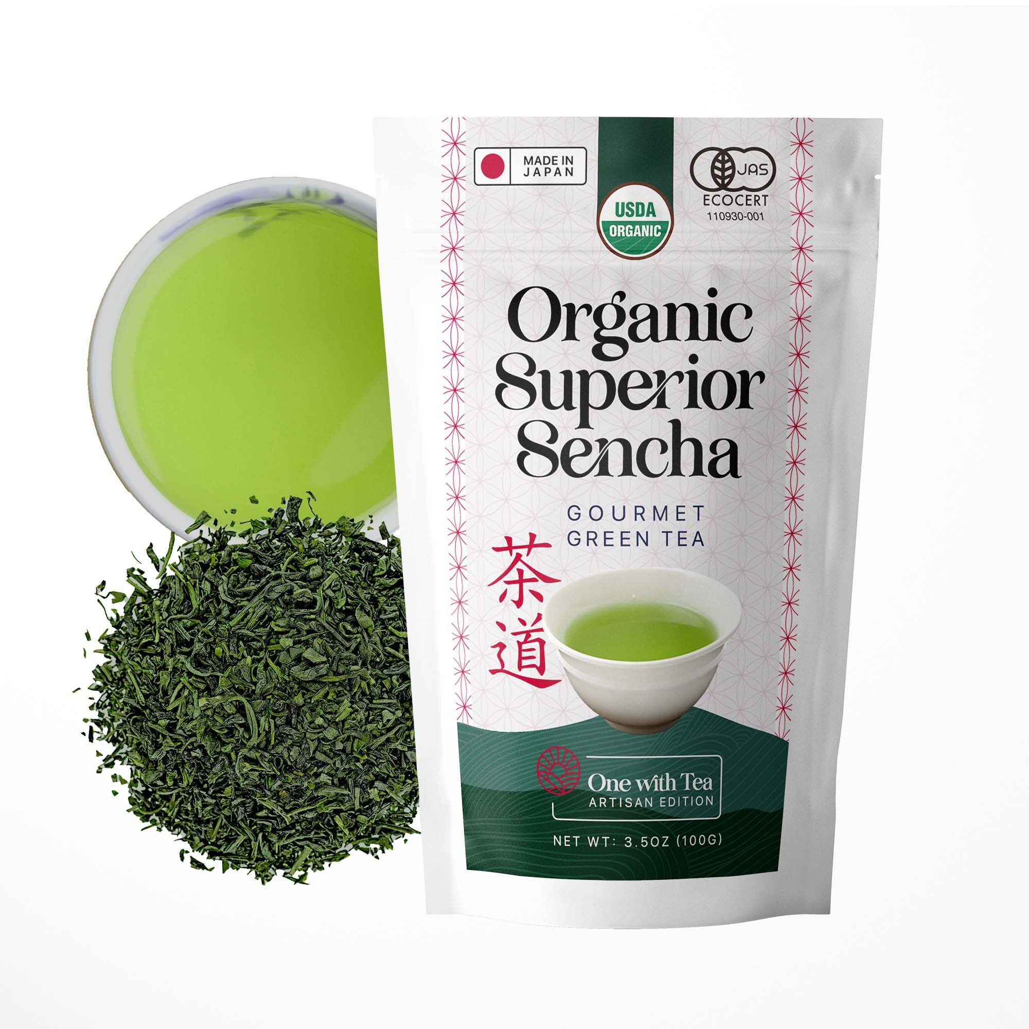 Organic Superior Sencha green tea by One with Tea, featuring loose leaves and bright green color, USDA certified.