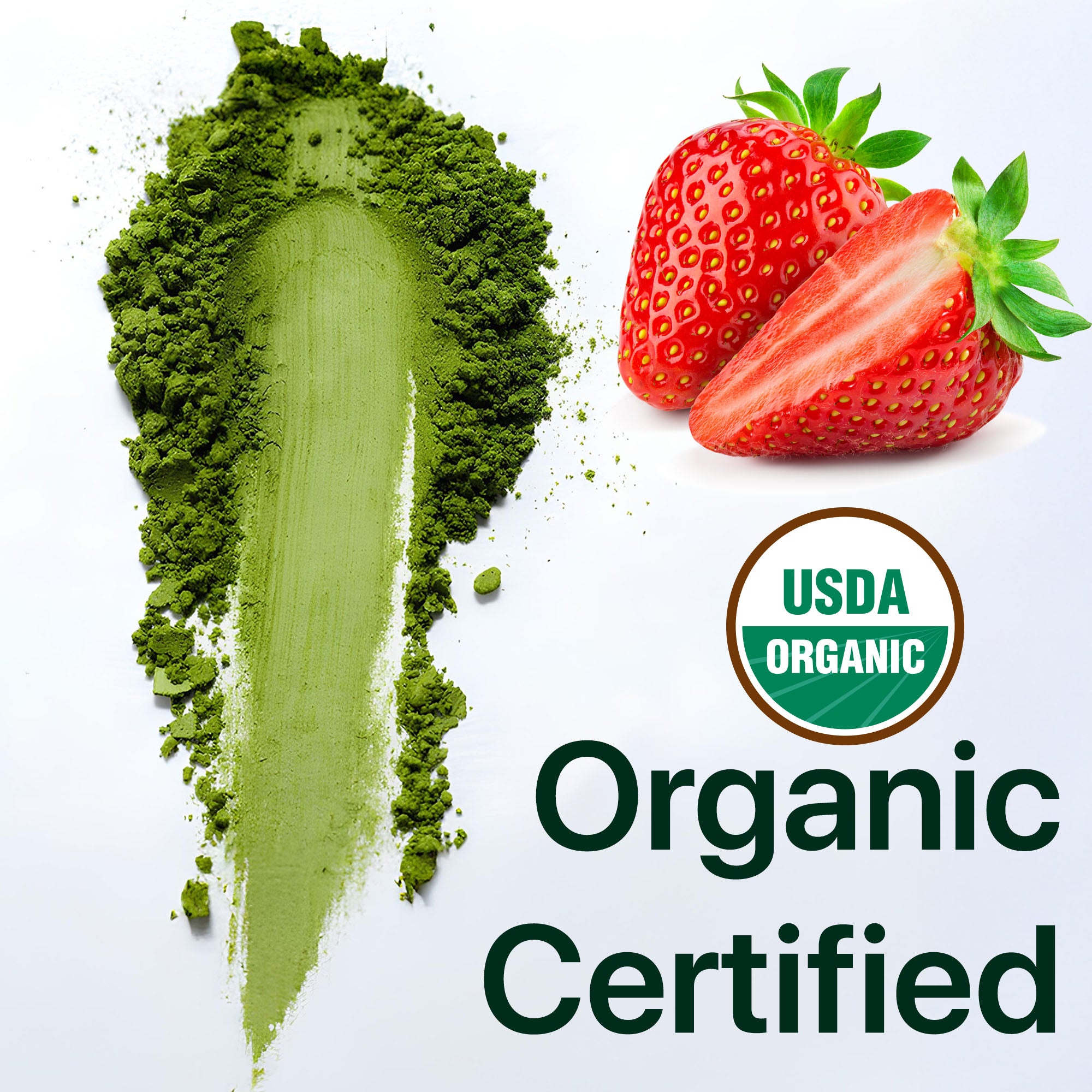 Organic Strawberry Ceremonial Matcha powder with fresh strawberries and USDA Organic badge by ONE WITH TEA.