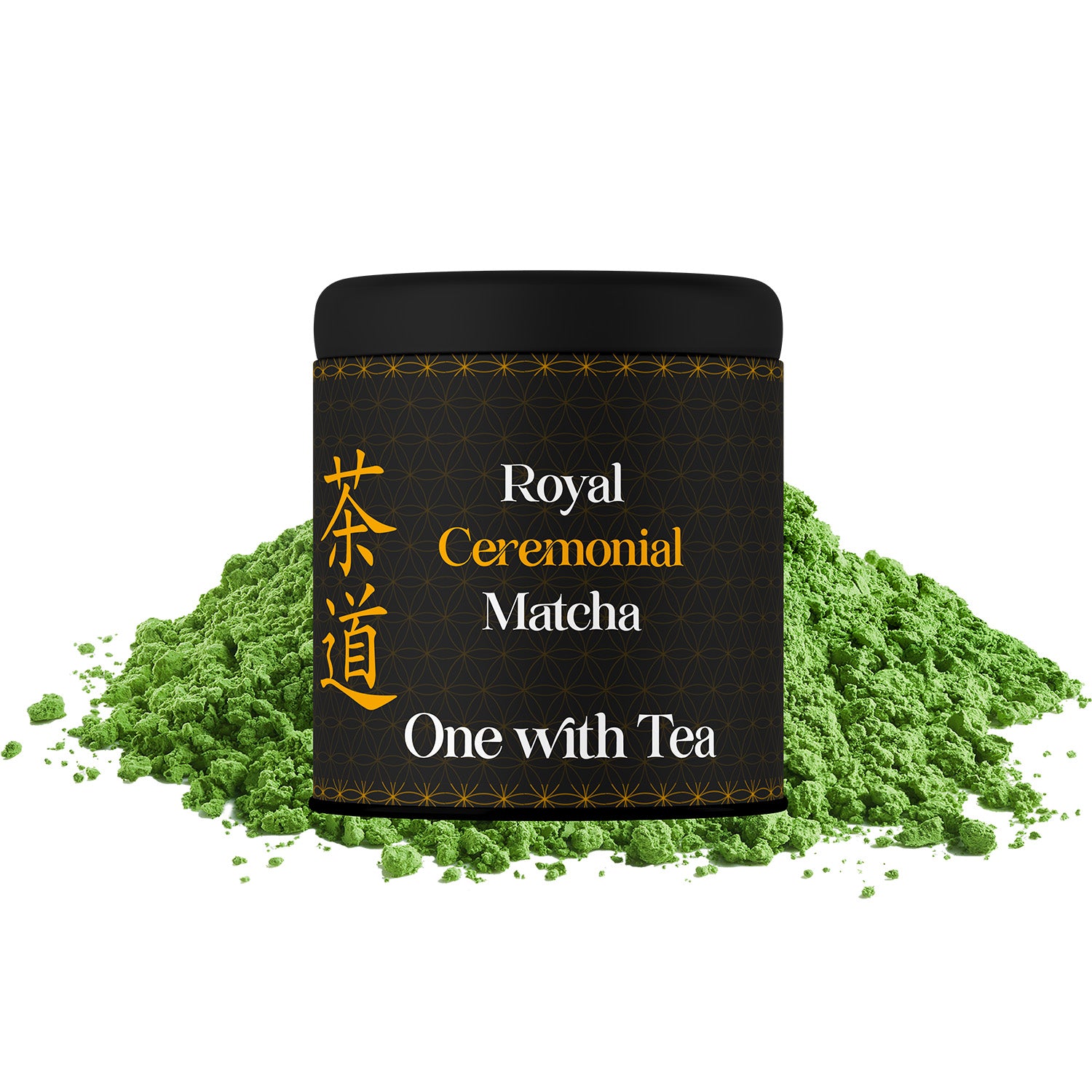 Royal Ceremonial Matcha from the brand One with Tea in a black tin with green powder around it on a white background