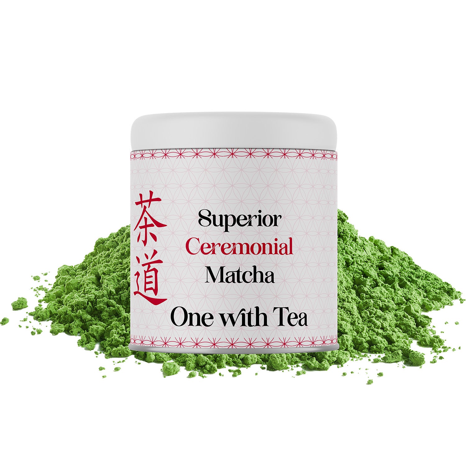 Superior Ceremonial matcha powder from the brand One with Tea in a white tin labeled 'Superior Ceremonial Matcha"