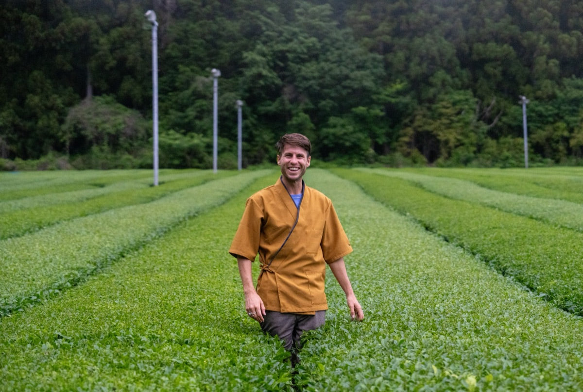 Christian Mauerer in a Shizuoka tea field inspecting cultivar bushes