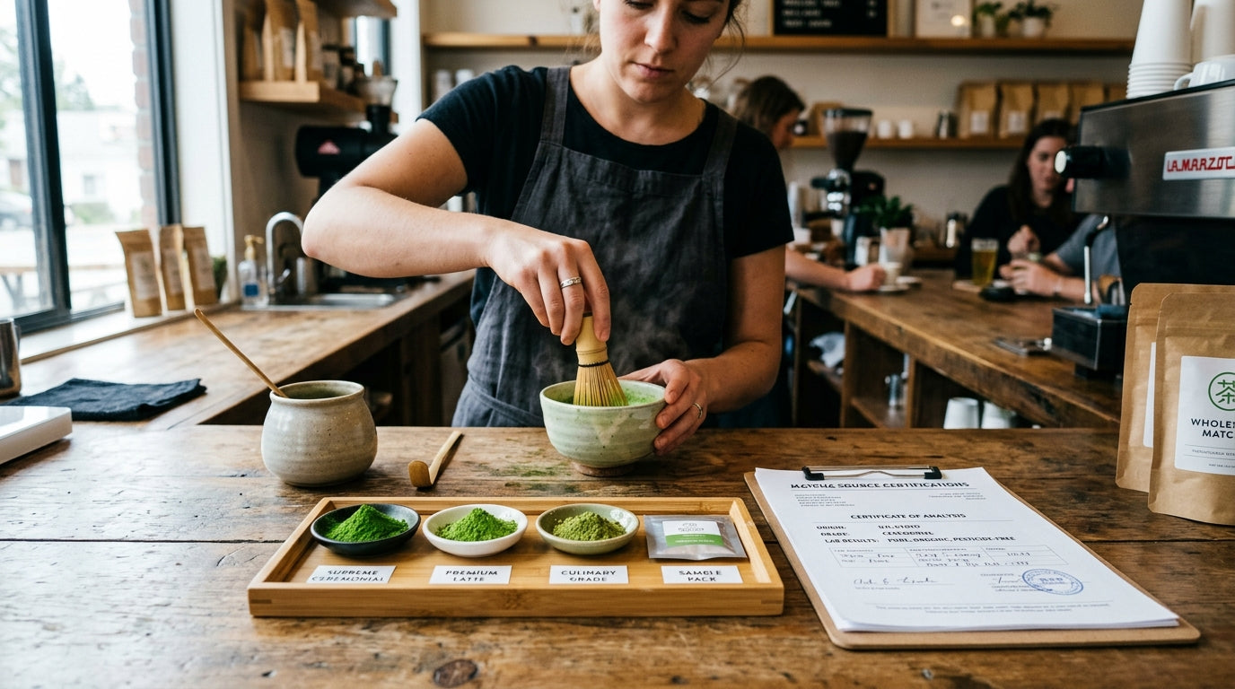 A barista preparing a matcha latte in a modern cafe with a wooden tray showing different grades of matcha powder in small dishes and a Certificate of Analysis document beside it
