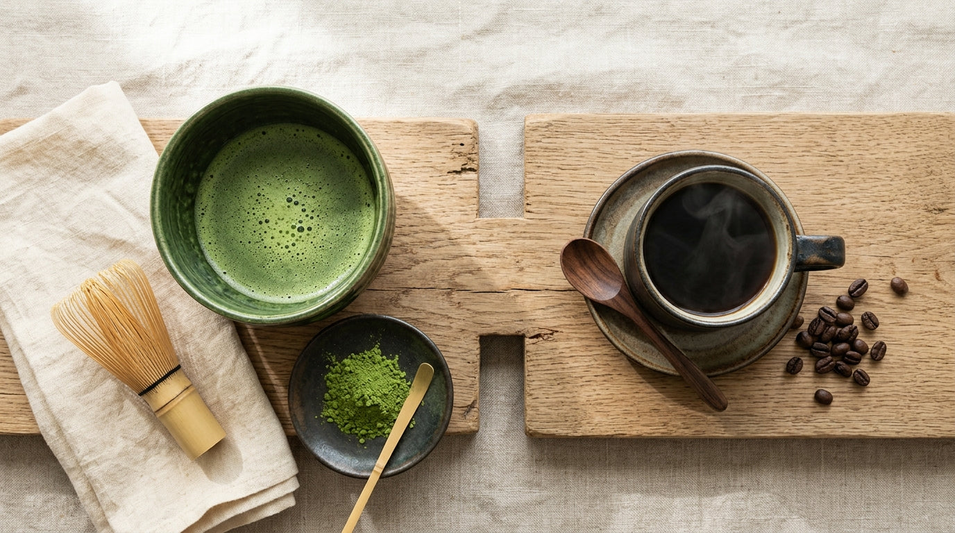 Overhead flat-lay comparing a bowl of whisked matcha with a cup of black coffee on natural linen — One With Tea
