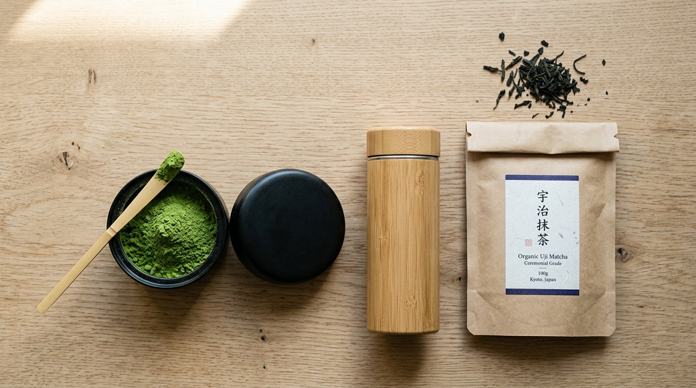 Top-down editorial flat lay of three premium organic Japanese matcha vessels on natural oak: an open black ceramic tin of vivid jade powder with a bamboo chashaku scoop, a slim bamboo canister, and a kraft pouch with scattered tencha leaves