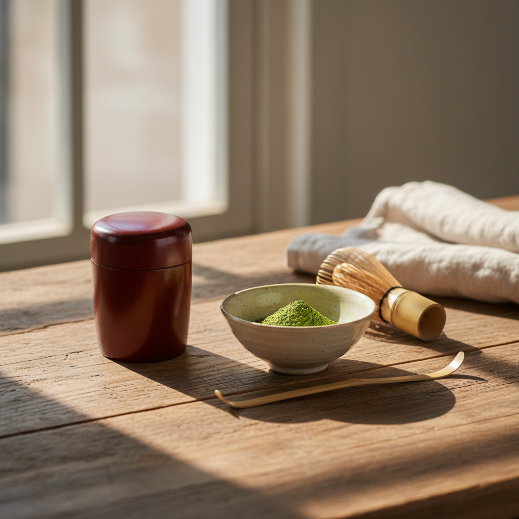 Vibrant jade-green matcha powder in a small bowl with bamboo whisk and scoop on weathered wood, warm natural light
