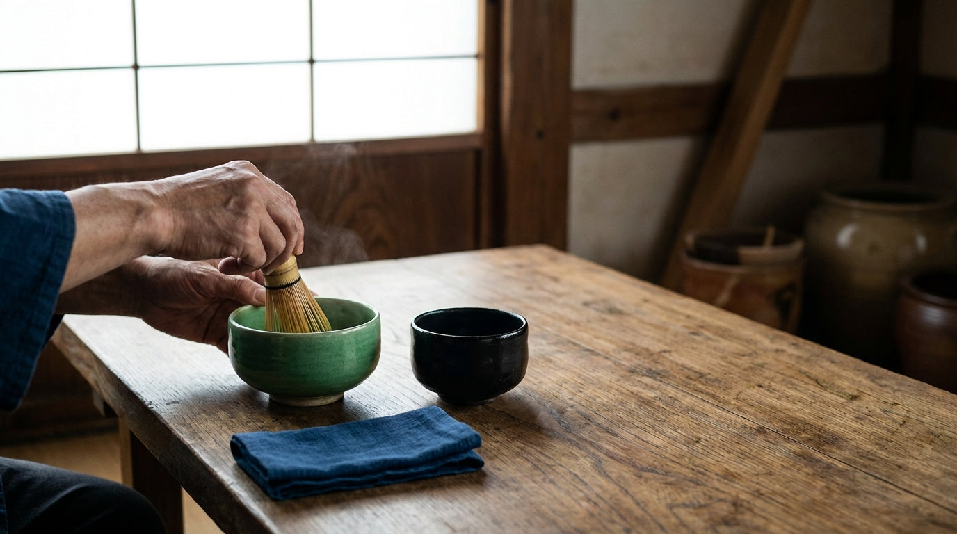 A practitioner whisks vivid jade ceremonial-grade matcha in a green ceramic chawan beside a black tea bowl on a worn wooden table in soft Japanese morning light