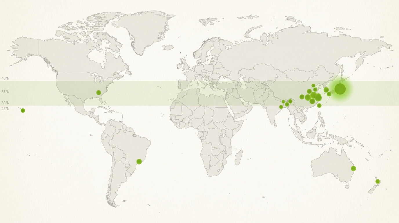 Documentary world map of global matcha production with matcha-green markers sized by share — largest over Japan, then eastern China, with smaller dots across South Korea, Taiwan, India, Hawaii, US southeast, Australia, and New Zealand