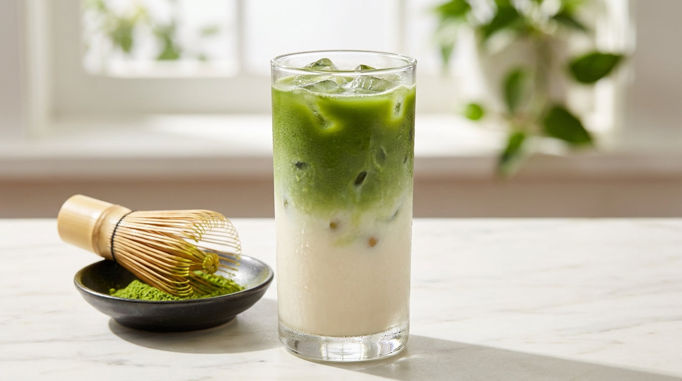 Iced matcha latte in tall glass with layered green matcha over oat milk, bamboo whisk beside it