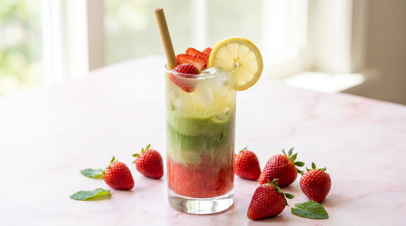 Strawberry matcha lemonade in tall glass with pink and green layers, fresh strawberries and lemon