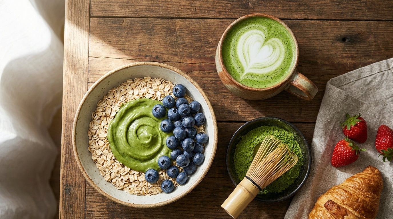 Matcha breakfast flat-lay: oats with matcha swirl, matcha latte, croissant, berries, wooden table