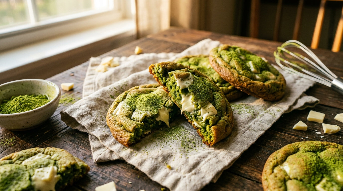 White chocolate matcha cookies on linen with matcha powder and white chocolate chunks