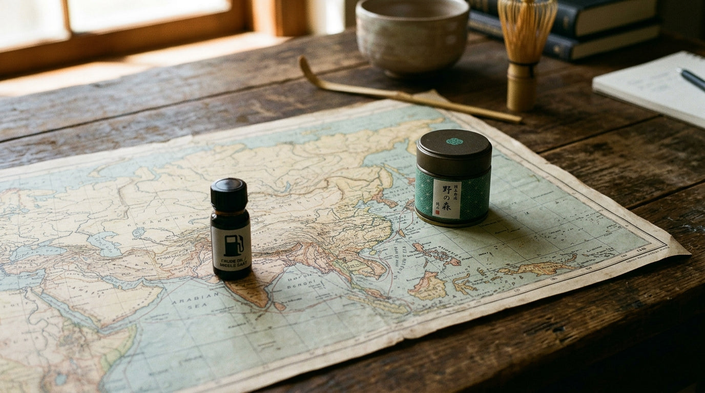 An aged world map laid on a wooden table with a Japanese ceremonial matcha tin placed on Japan and a small crude-oil vial near the Persian Gulf, with traditional Japanese tea ceremony tools in the soft-focus background