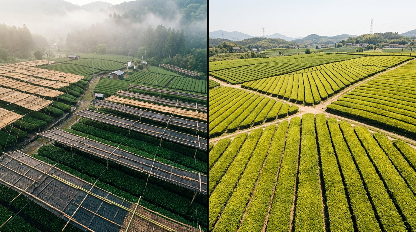 Aerial split-frame comparison: traditional Japanese tencha field under honzu reed shading in Uji versus an open Chinese green tea field in Anhui — Japan vs China matcha production