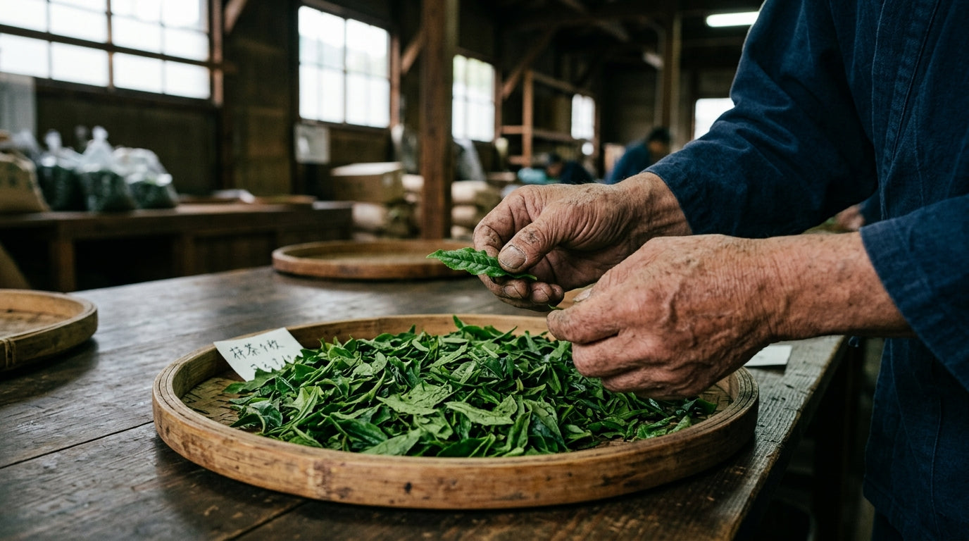 Bright emerald hand-picked tencha tea leaves on a traditional wooden grading tray at a Japanese tea auction in Uji Kyoto, with a weathered tea blender's hands inspecting a single leaf