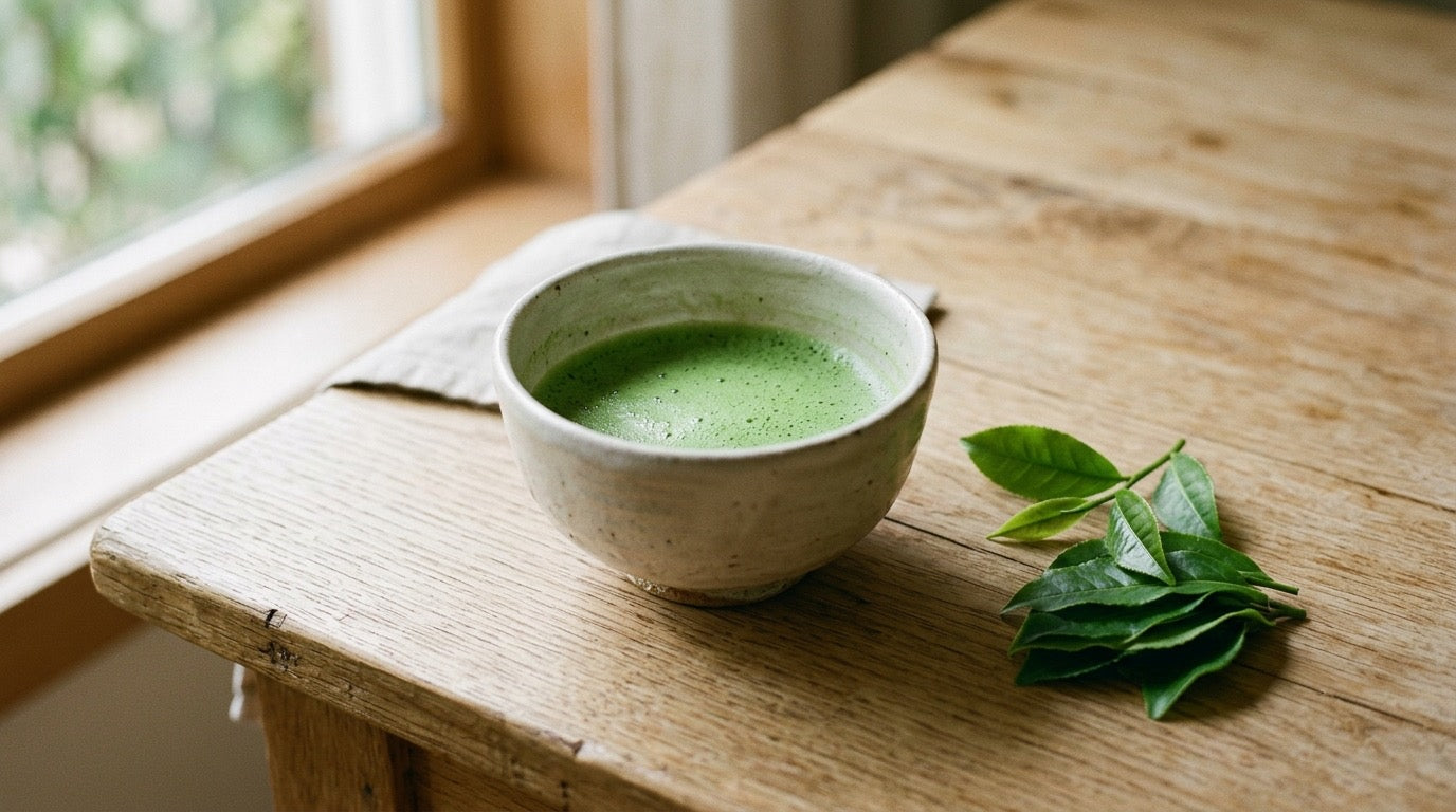 A bowl of bright green ceremonial matcha beside fresh green tea leaves on light wood, a calm healthy morning scene.