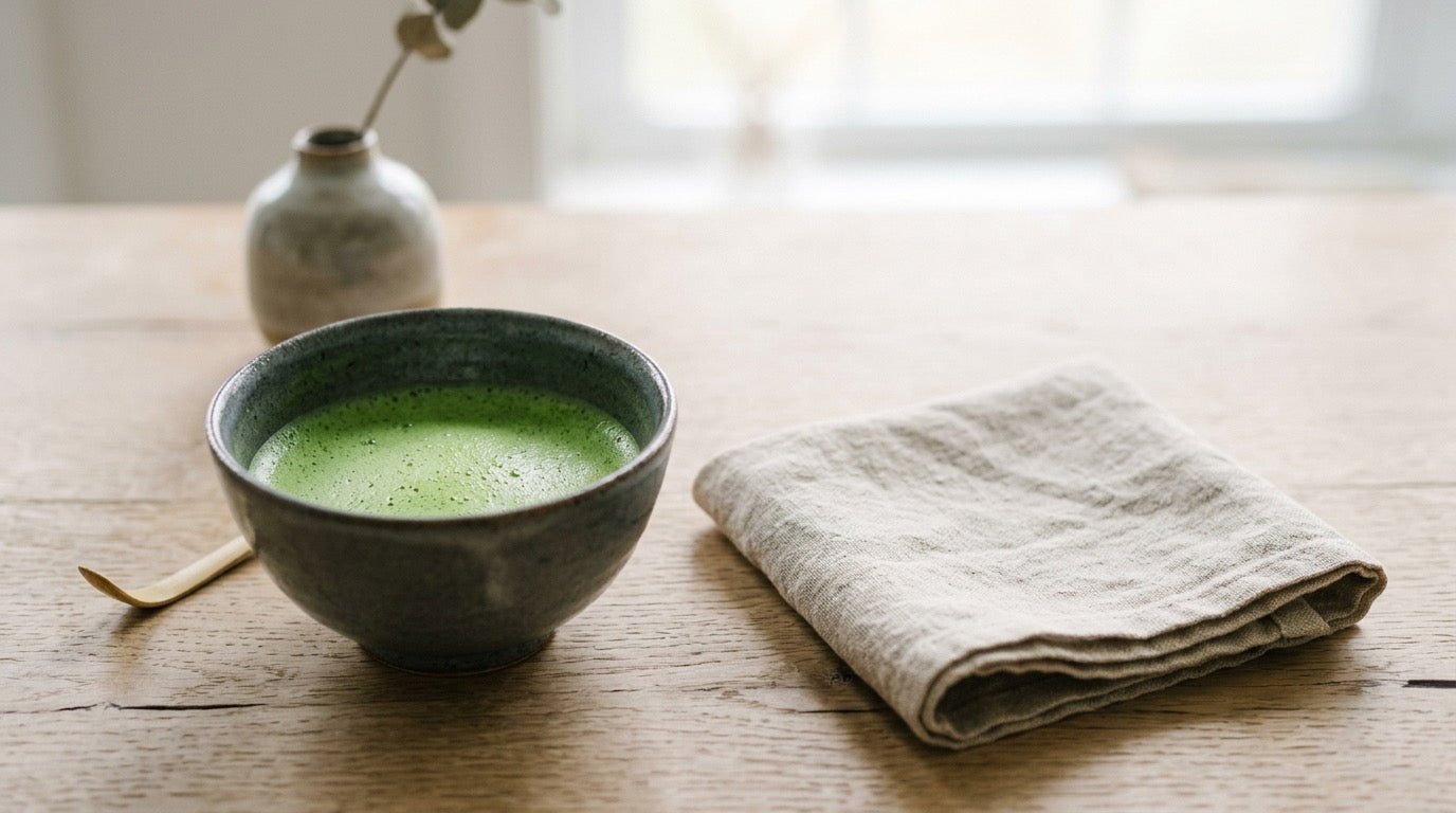 A bowl of bright green matcha beside a folded linen towel in fresh morning light.