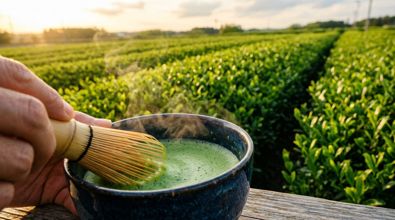 Close-up of bright emerald matcha being whisked in a navy chawan with a bamboo chasen at golden hour, against a thriving first-flush Japanese tencha tea field