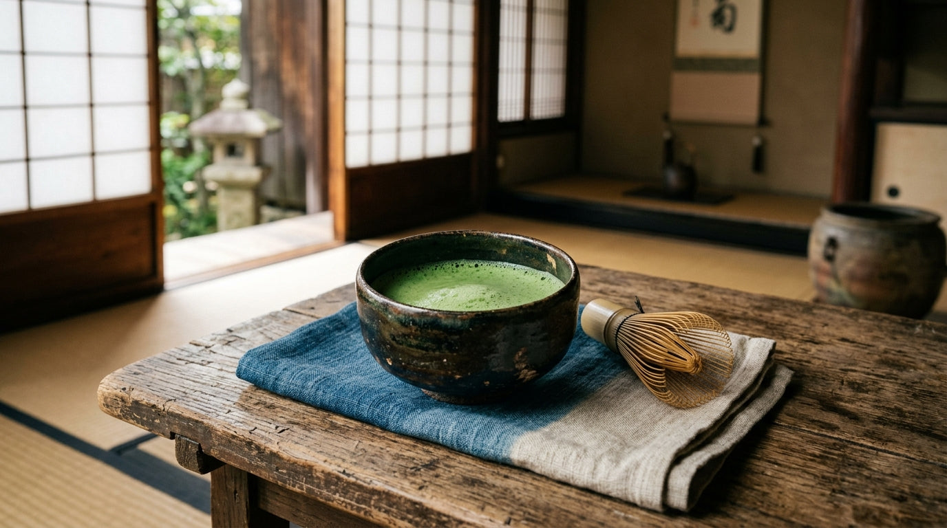 A traditional Japanese tea bowl with vivid jade-green ceremonial matcha just whisked, foam still settling, beside a bamboo whisk on a linen cloth, in a quiet shoji-screened tea house