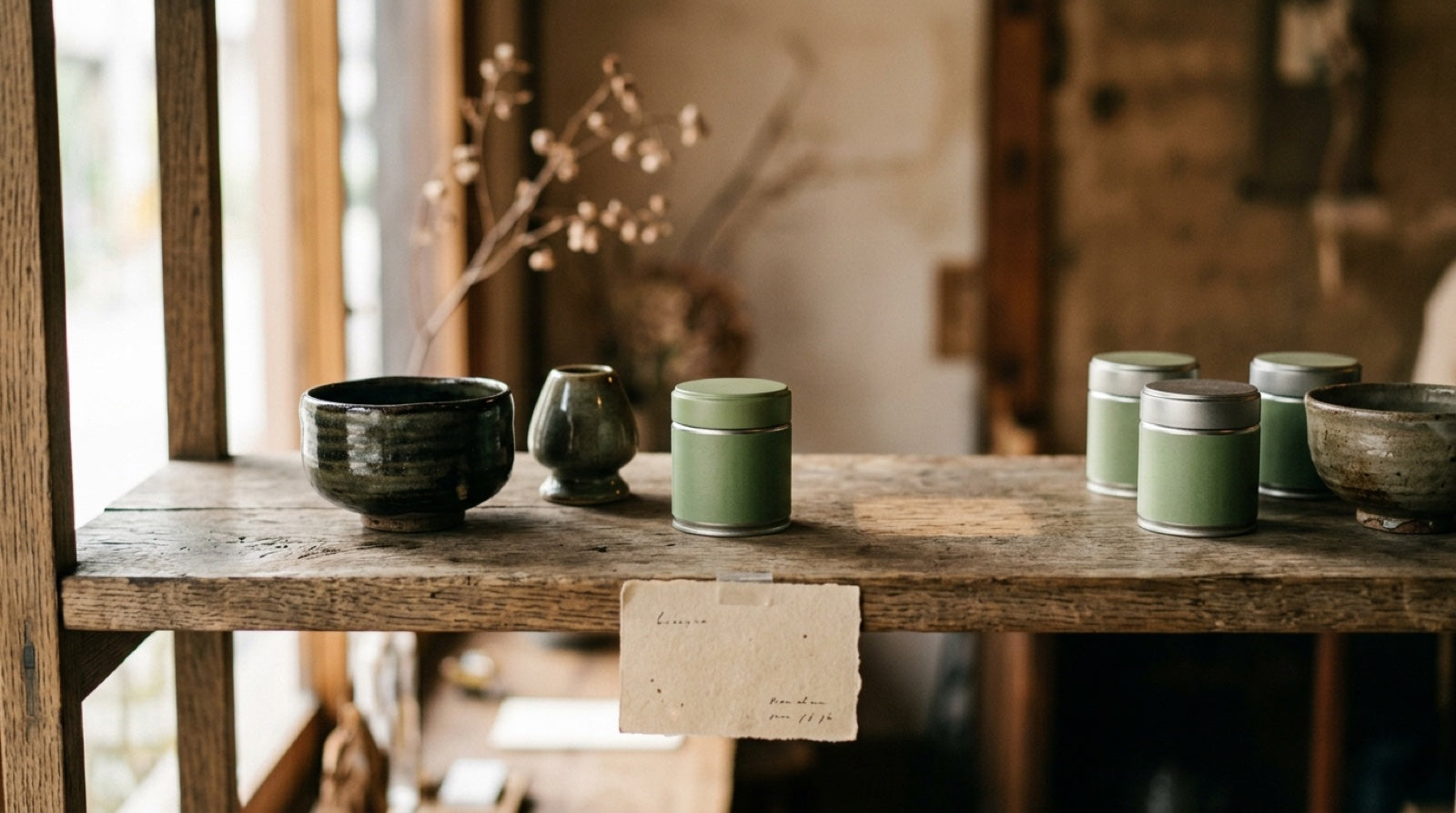 Sparse arrangement of green matcha tins and ceramic bowls on a weathered wooden cafe shelf with a small handwritten paper card, suggesting matcha supply pressure in 2026