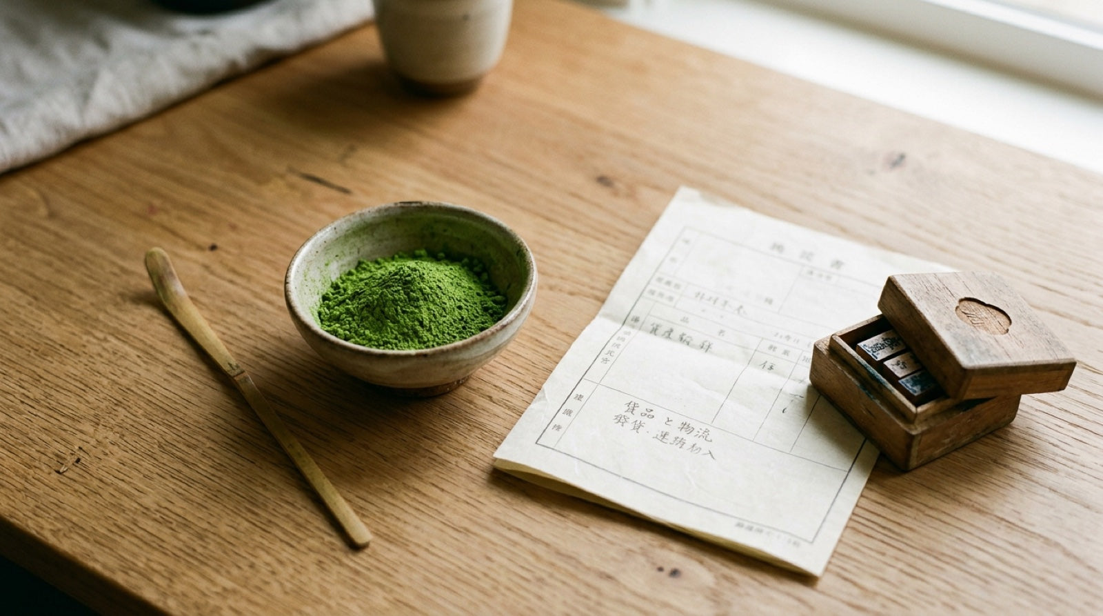 A bowl of vibrant matcha powder beside a Japanese trade document and small wooden stamp box on a wooden desk, illustrating direct-from-Japan matcha sourcing for US cafes
