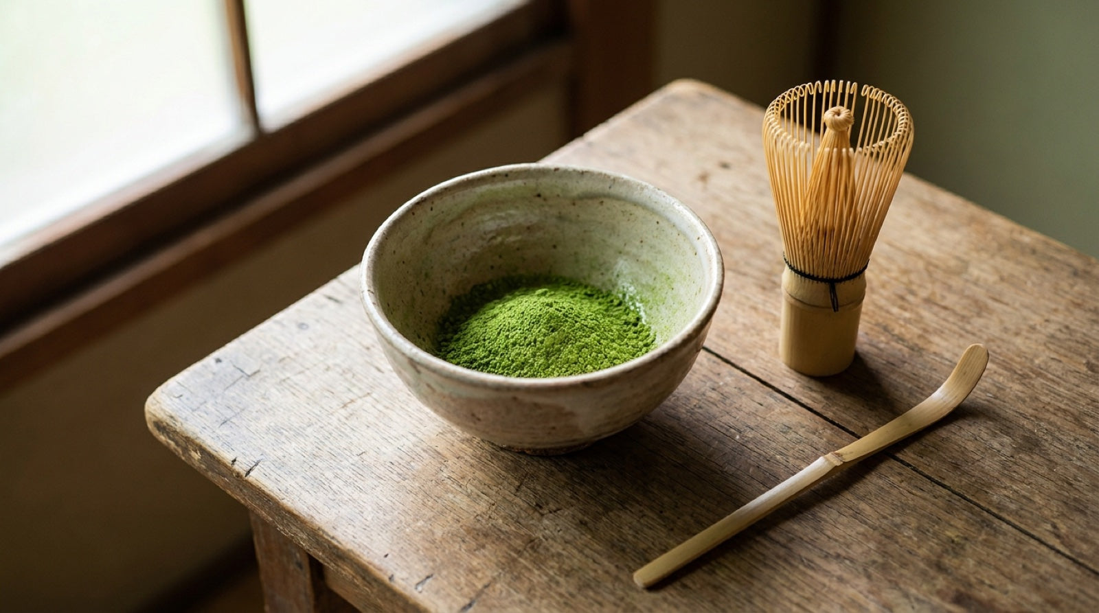 Ceremonial-grade Japanese matcha powder in a handmade chawan bowl with bamboo chasen and chashaku, soft window light