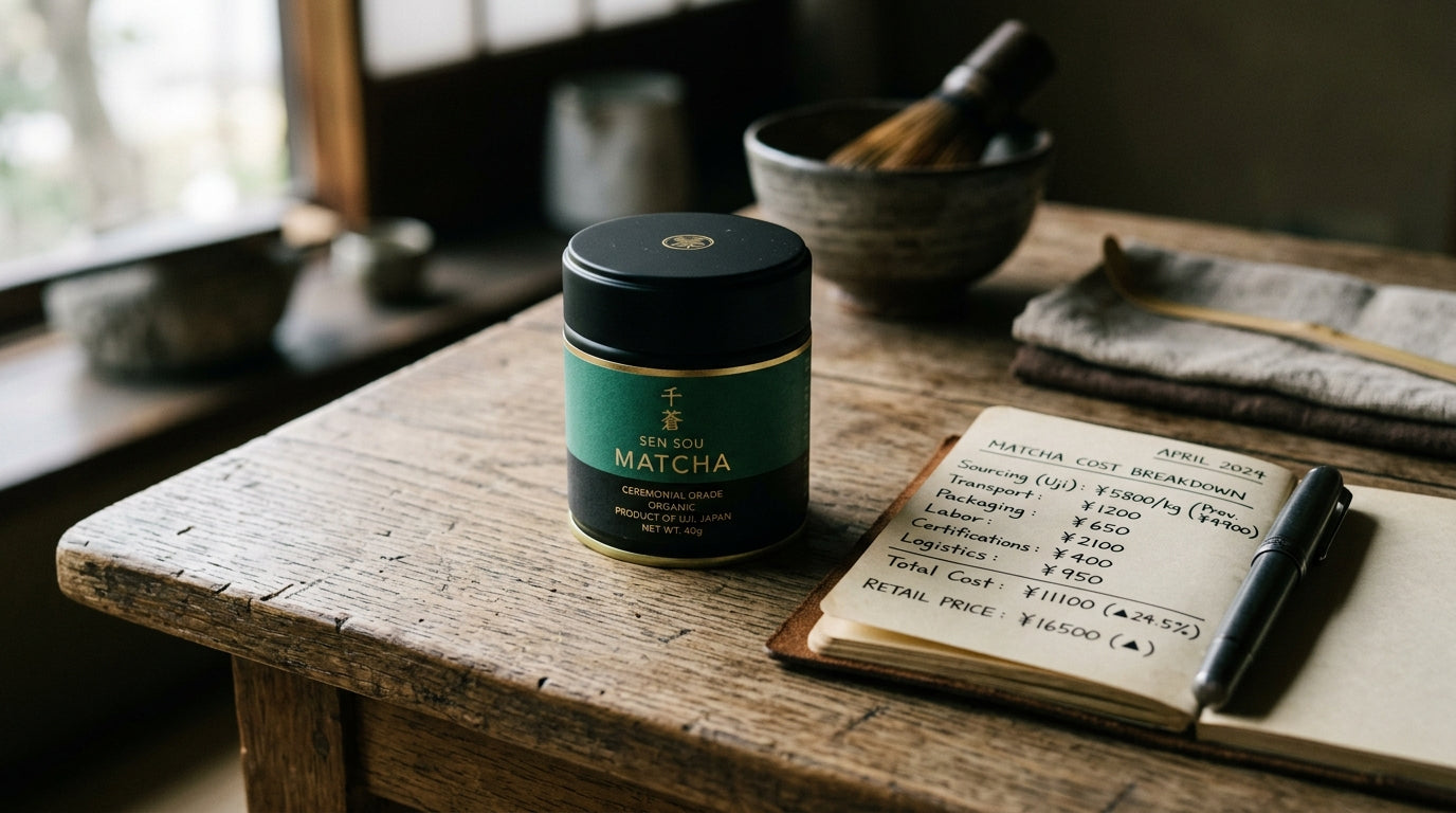 A ceremonial Japanese matcha tin sits on a worn wooden table next to a notebook showing a handwritten cost breakdown in yen, with traditional tea ceremony tools in the soft-focus background