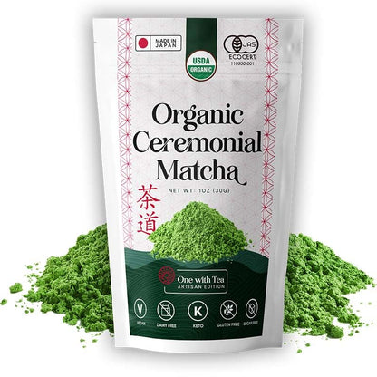 Package of Organic Ceremonial Matcha with green powder around it on a white background