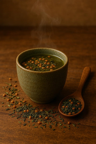 Organic Genmaicha green tea in a green ceramic cup, with roasted rice blend and loose tea leaves on a wooden surface.