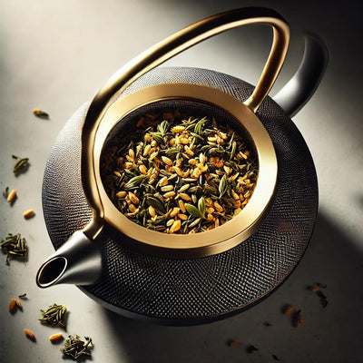 Premium organic Genmaicha green tea blend with roasted brown rice in a stylish teapot