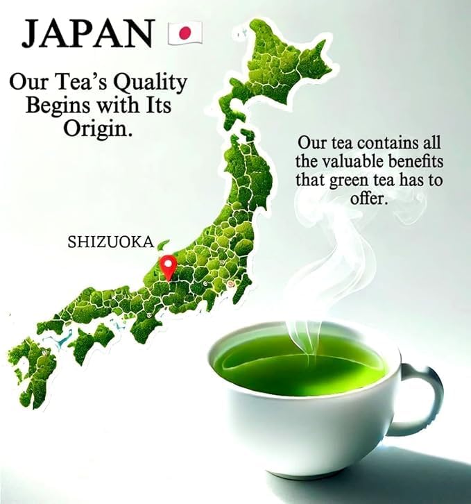 Green ceremonial matcha tea in a white cup with Japan map highlighting Shizuoka region