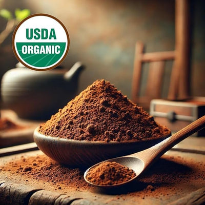 Hojicha powder in a wooden bowl with a spoon, labeled USDA Organic, from ONE WITH TEA.
