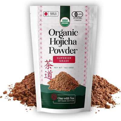 Organic Hojicha Powder in a 1 oz bag, superior grade, USDA organic, rich brown color with a fine texture.