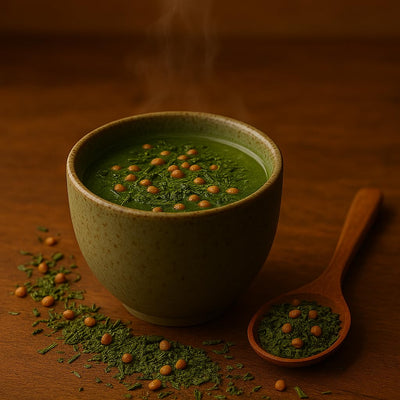 Organic Genmaicha with Matcha in a green bowl, topped with roasted rice grains, on a wooden surface.