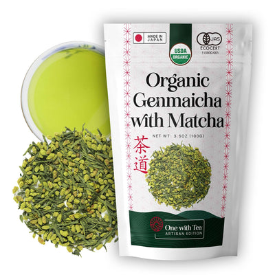 Organic Genmaicha with Matcha tea blend featuring green tea and roasted rice from ONE WITH TEA, packaged in a resealable bag