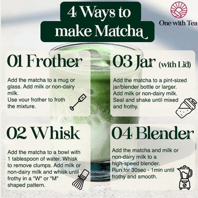 Organic ceremonial grade matcha powder in green packaging, 60g, by ONE WITH TEA, USDA certified antioxidant tea.